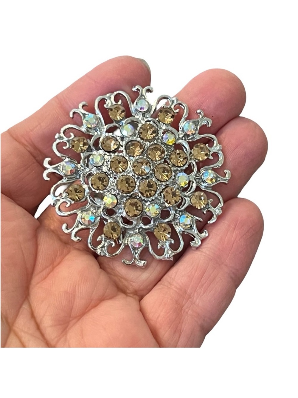 Champagne Crystal Floral Brooch Pin - Silver Tone FINAL PRICE DROP